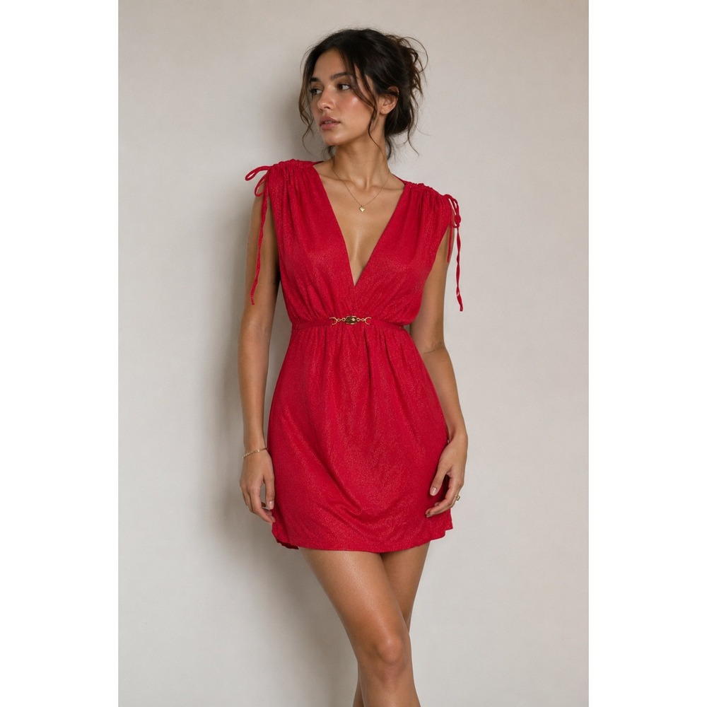 Honey Pot USA Y2K  Women's L Babydoll Red Shimmer Dress Tunic Gold Accent Drawst